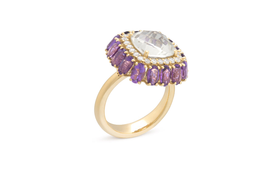 Procida ring in 18kt yellow gold set with white diamonds, prasiolite, and amethyst