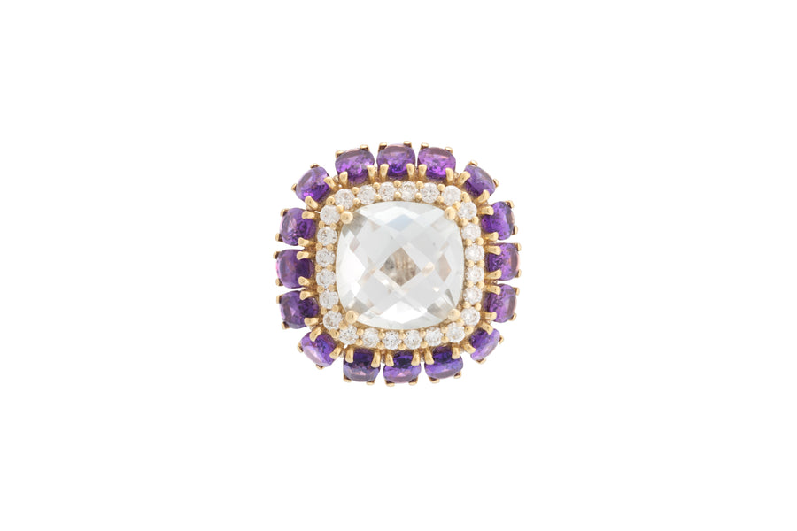 Procida ring in 18kt yellow gold set with white diamonds, prasiolite, and amethyst