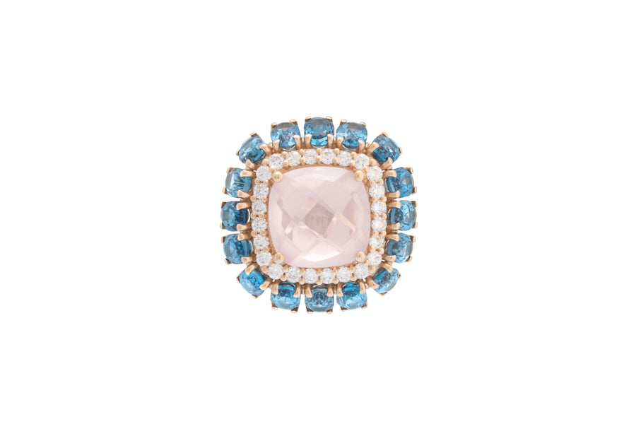 Procida ring in 18kt rose gold with white diamonds, london topaz, and rose quartz