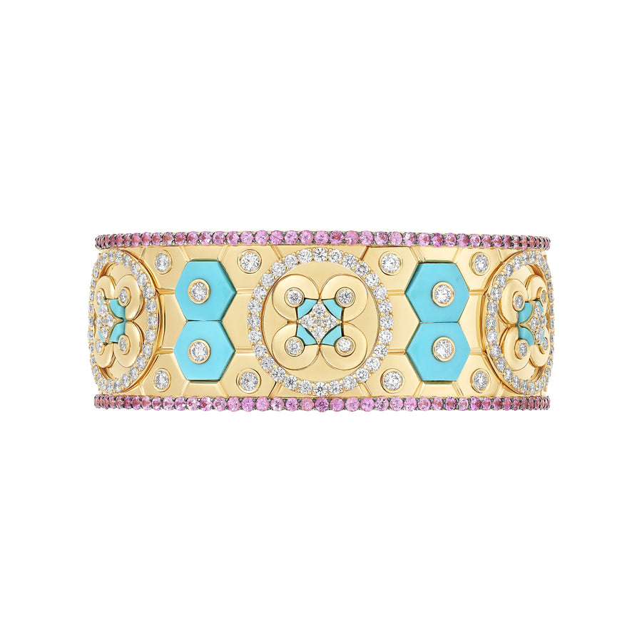 Baia Sommersa large bracelet in 18K gold with white diamonds (approx. 4.80 carats), pink sapphires (approx. 6.67 carats), and natural turquoise