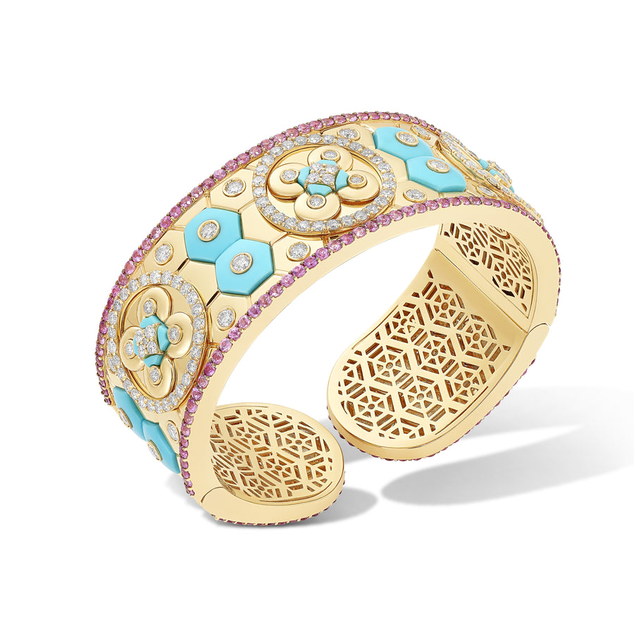 Baia Sommersa large bracelet in 18K gold with white diamonds (approx. 4.80 carats), pink sapphires (approx. 6.67 carats), and natural turquoise