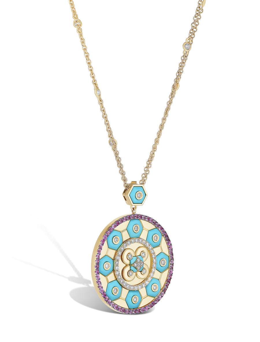 Baia Sommersa pendant in 18K rose gold set with white diamonds (approx. 1.81 carats), pink sapphires (approx. 2.43 carats), and natural turquoise