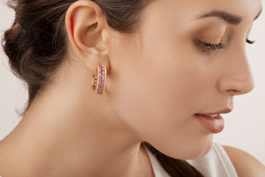 Procida earrings in 18kt yellow gold set with white diamonds (0.86 carats) and pink sapphires (4.96 carats)