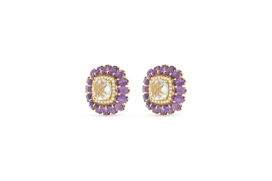 Procida earrings in 18kt yellow gold set with white diamonds, prasiolite, and amethyst