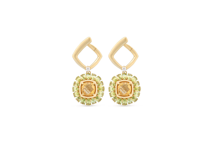 Procida earrings in 18kt yellow gold set white diamonds, peridot, and citrine