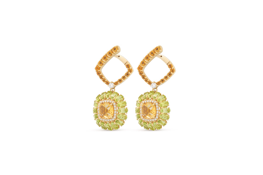 Procida earrings in 18kt yellow gold set with white diamonds, peridot, and citrine