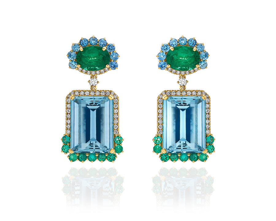 Earrings in 18kt yellow gold set with white diamonds (1.10 cts), blue sapphires (2.17 cts), emeralds (1.63 cts, 6.87 cts (oval pair) and aquamarine (41.46 cts)