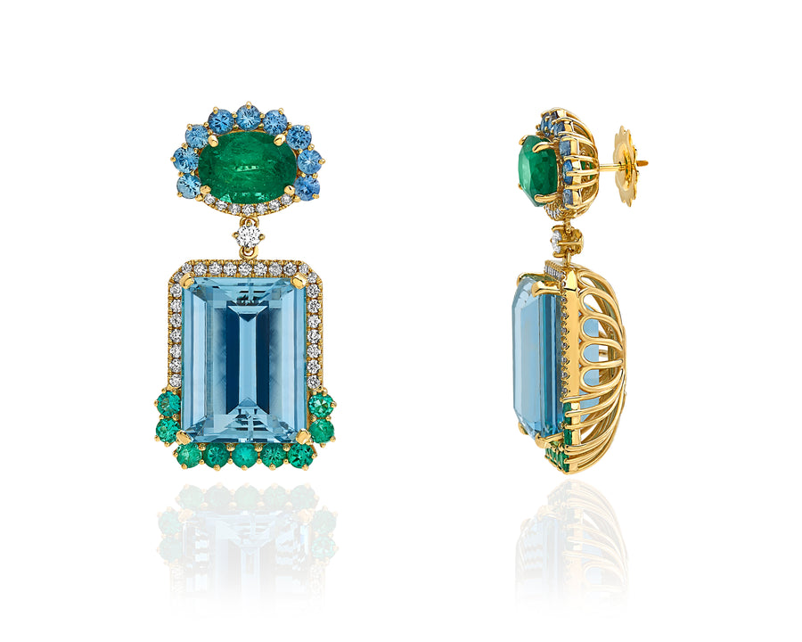 Earrings in 18kt yellow gold set with white diamonds (1.10 cts), blue sapphires (2.17 cts), emeralds (1.63 cts, 6.87 cts (oval pair) and aquamarine (41.46 cts)