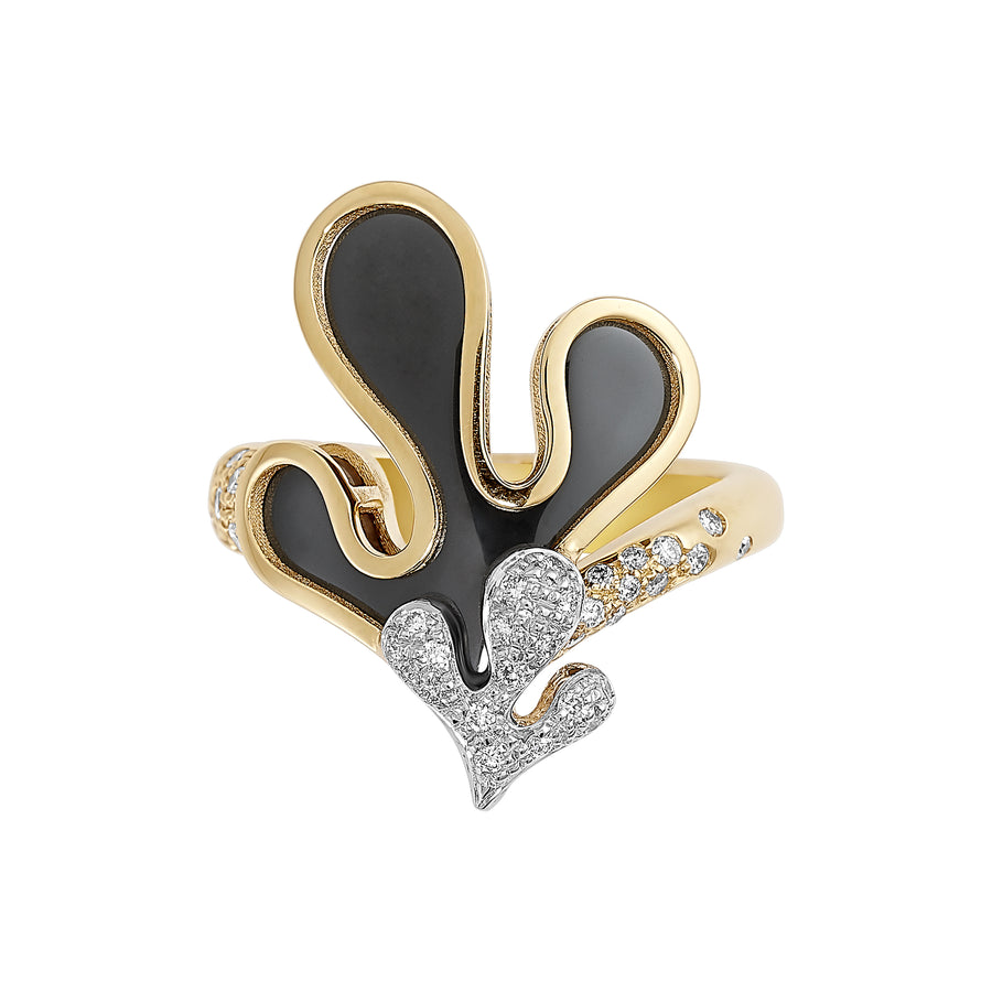 Sea Leaf ring in 18K yellow gold with black ceramic leaf element and white diamonds (approx. 0.37 carats)