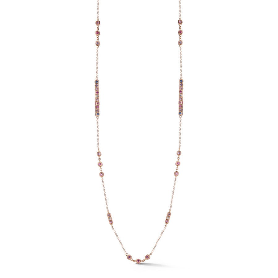 Faro long necklace in 18K rose gold with rotating cube elements set with multi colored sapphires