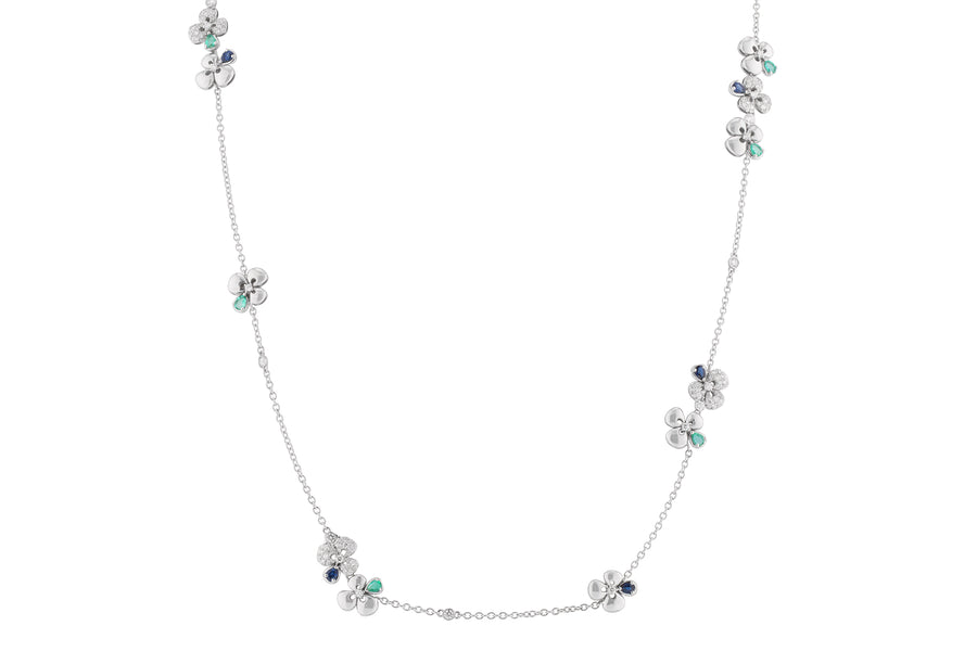 Ischia long necklace in 18kt white gold set with white diamonds (3.07 carats), blue sapphires (1.26 carats), and emeralds (1.31 carats)