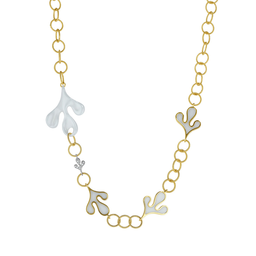 Sea Leaf necklace in 18K yellow gold with white diamonds and ceramic elements