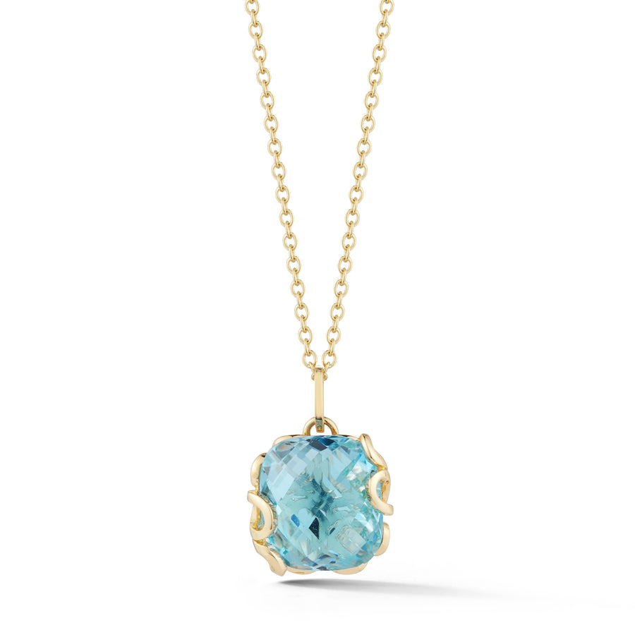 Sea Leaf pendant in 18K yellow gold with leaf motif back and large blue topaz center stone