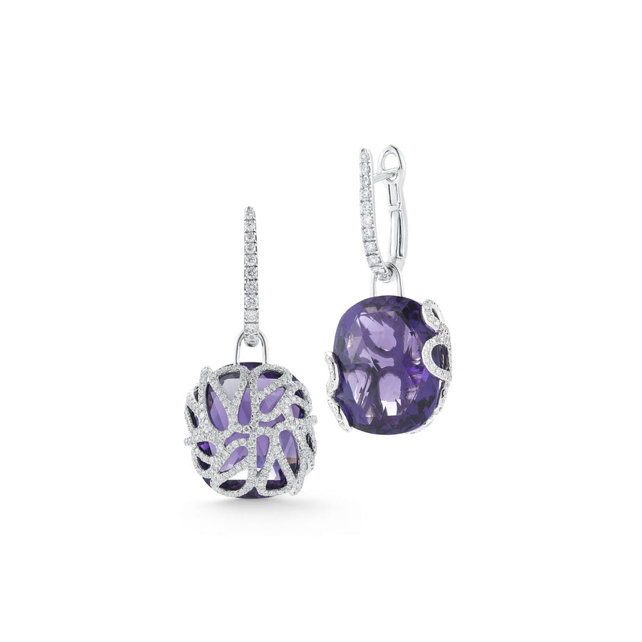 Sea Leaf earrings in 18K white gold with leaf motif back, amethyst and white diamonds
