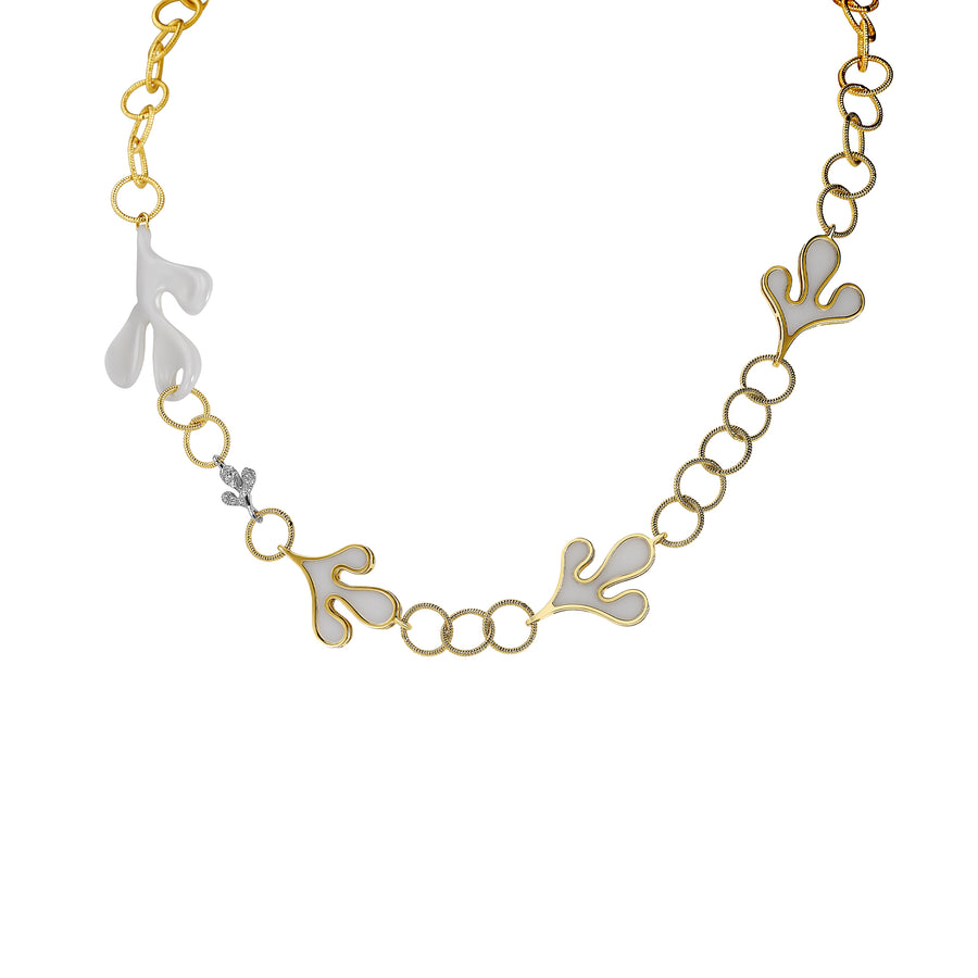 Sea Leaf necklace in 18K yellow gold with white diamonds and ceramic elements