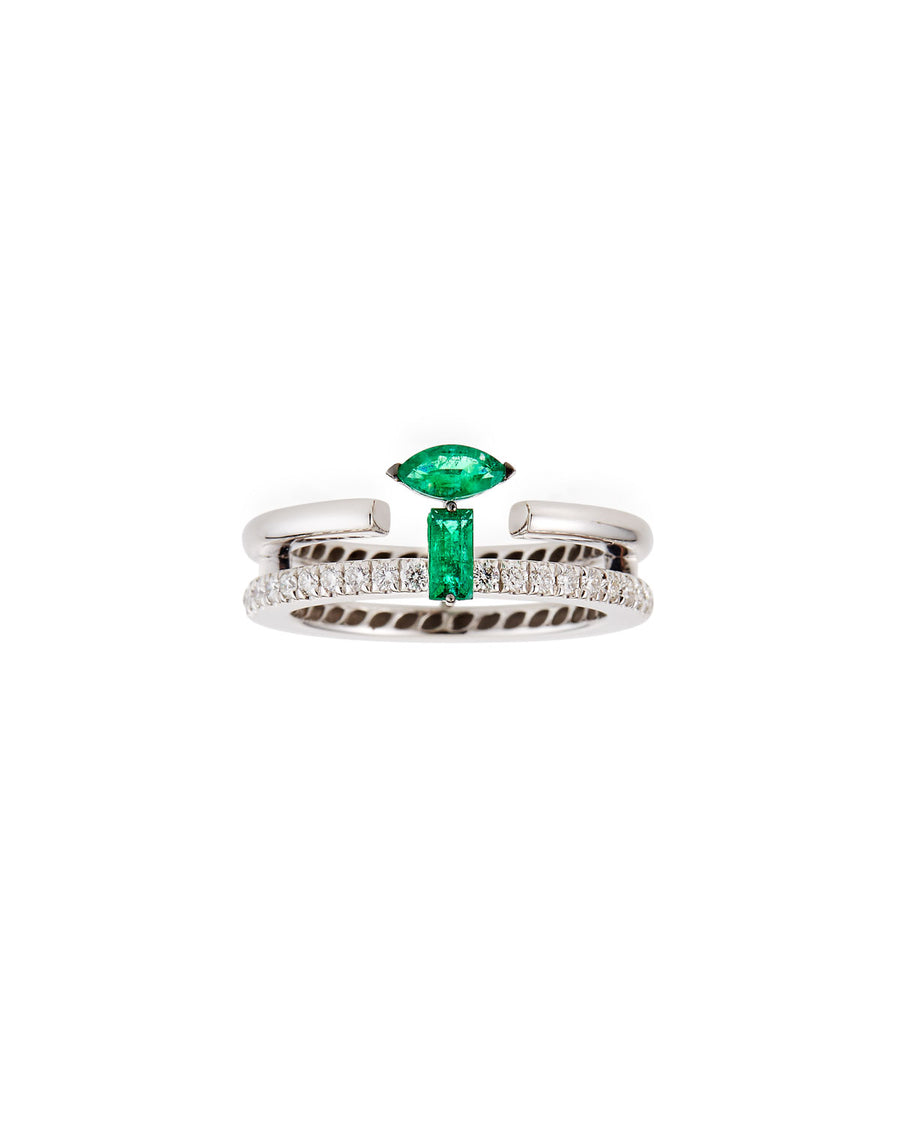 Procida double row ring in 18K white gold with white pave diamonds and emeralds