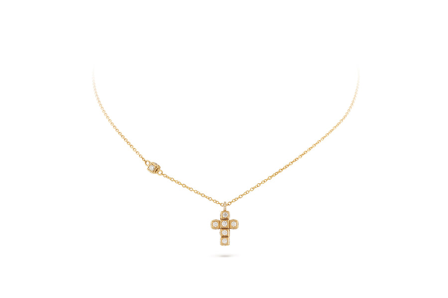 Faro cross pendant in 18K yellow gold with rotating cube elements set with white diamonds (approx. 1.97 carats)