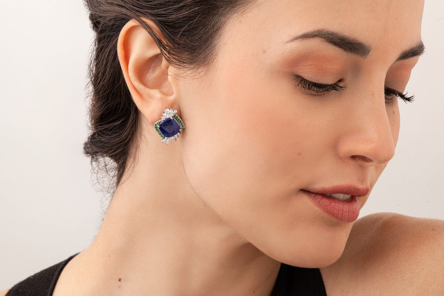 Earrings in 18kt white gold with white diamonds (approx. 1.7 carats), tsavorite (approx. 0.89 carats), and royal blue natural sapphires (15.35 carats)
