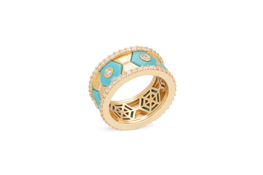 Baia Sommersa ring in 18K yellow gold set with white diamonds (approx. 1.35 cts) and turquoise