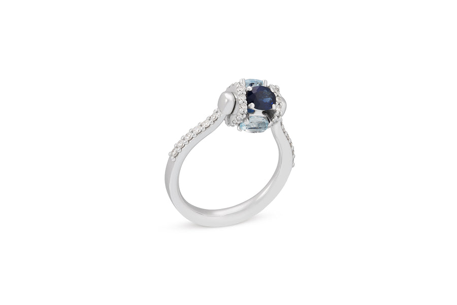 Procida ring with rotating element set in 18K white gold with aquamarine (0.64 carats), blue sapphires (0.68 carats), and white diamonds (0.43 carats)