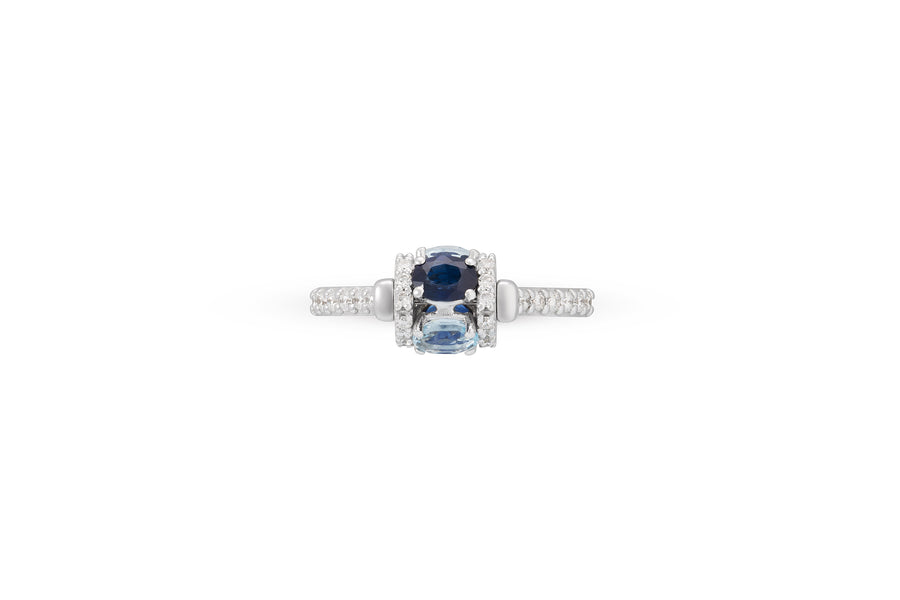 Procida ring with rotating element set in 18K white gold with aquamarine (0.64 carats), blue sapphires (0.68 carats), and white diamonds (0.43 carats)
