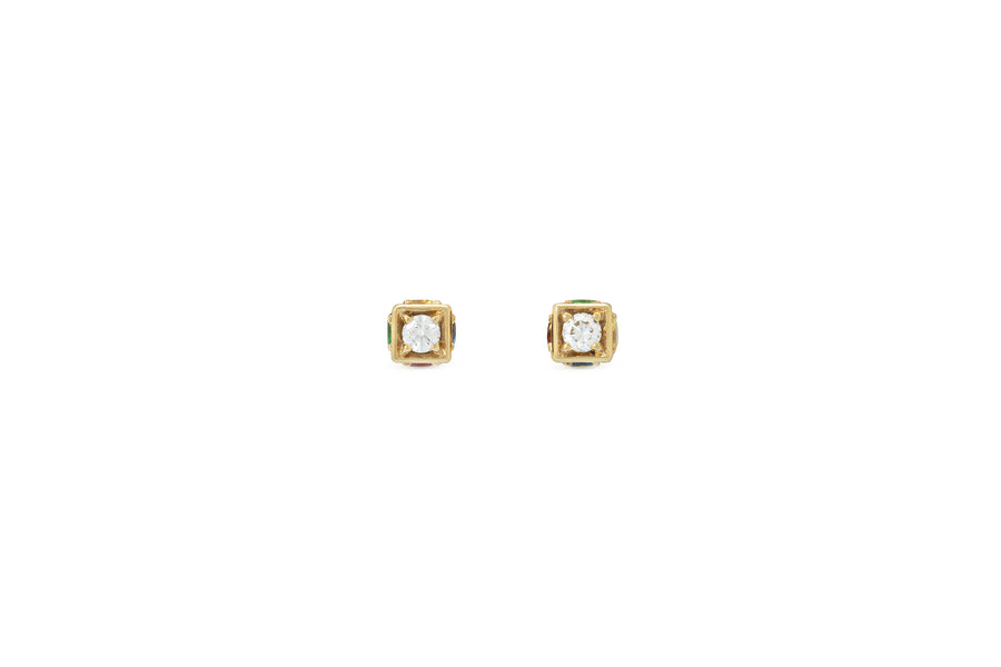 Faro single cube stud earrings in 18K yellow gold with yellow, red, and blue sapphires, tsavorite, and white diamonds