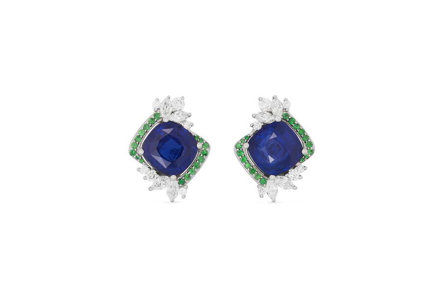 Earrings in 18kt white gold with white diamonds (approx. 1.7 carats), tsavorite (approx. 0.89 carats), and royal blue natural sapphires (15.35 carats)