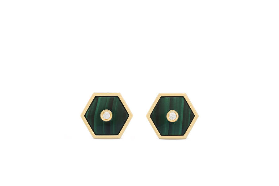 Baia Sommersa stud earrings in 18K yellow gold with white diamonds and malachite