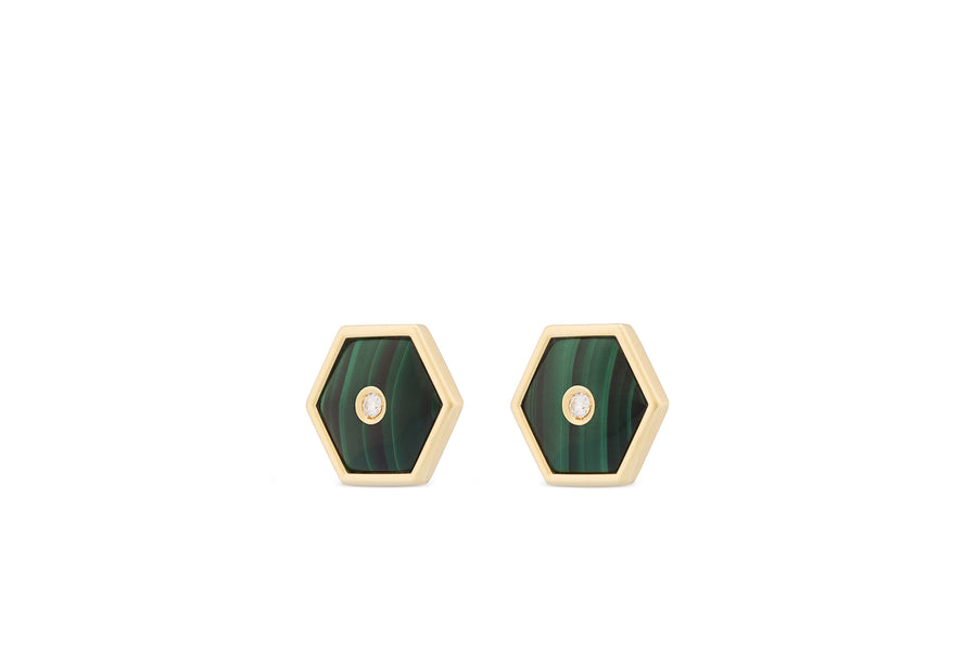Baia Sommersa stud earrings in 18K yellow gold with white diamonds and malachite